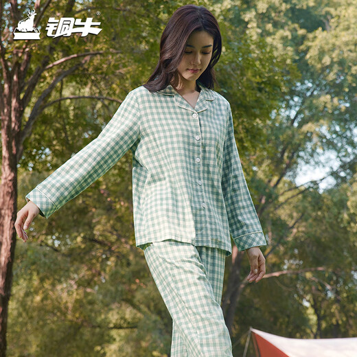 Copper velvet check cotton home women's set 2024 autumn and winter new suit women VJ124 Pastoral checkered-white-grey green M 170_95