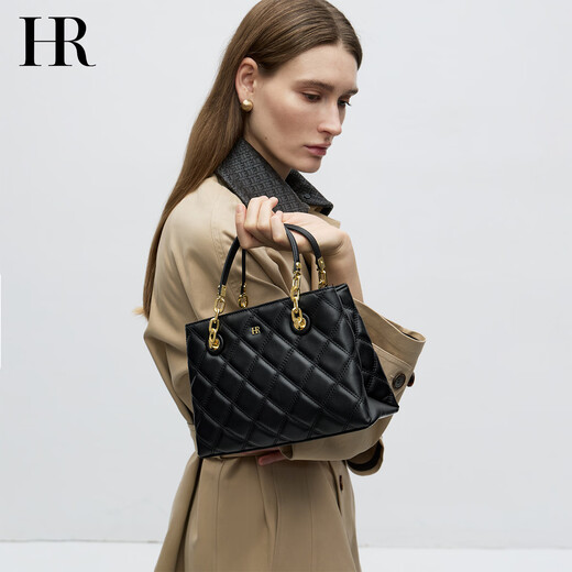 HR Helena Bag Women's Bag Simple Fashionable Handbag Women's Head-Layer Cowhide Diamond Single Shoulder Crossbody Bag Birthday Gift Black + Gift Box Packaging