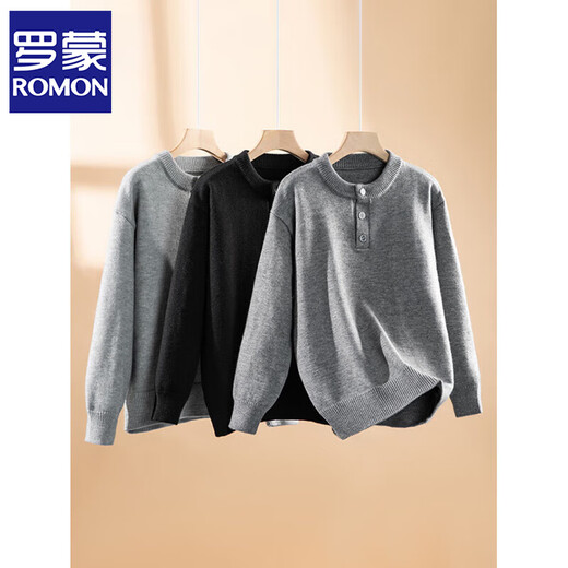 ROMON Henley collar sweater for men in autumn and winter thickened warm loose casual sweater pullover with base layer sweater heather gray XL