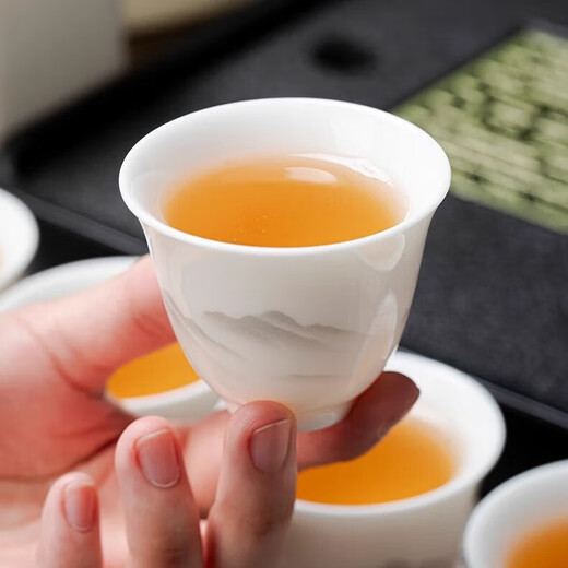 Suet-fat jade white porcelain Kung Fu tea set for home office light luxury high-end teapot covered bowl teacup gift set 15-head ink landscape Xishi teapot complete set