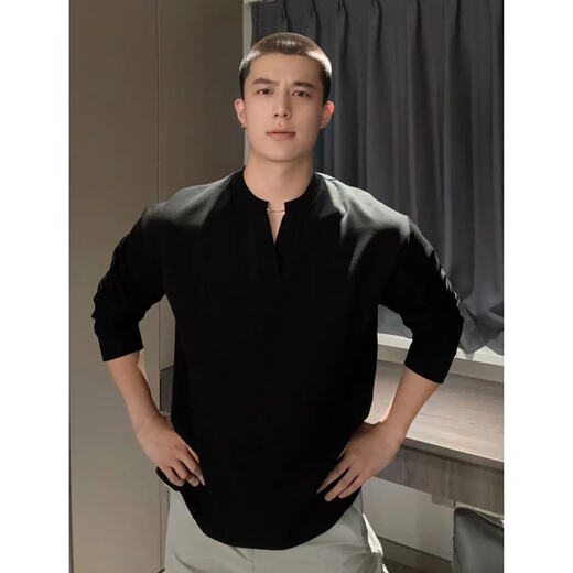 Muwei high-end black bottoming sweatshirt men's autumn new casual versatile heavyweight Henry V-neck top jacket black L recommended 110-125Jin Jin equals 0.5 kg