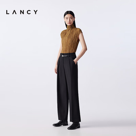 Langzi/LANCY2025 Winter New Design Fashionable High Collar Sleeveless Shirt Women's Retro Pleated Short Top Women Autumn Leaf Yellow M