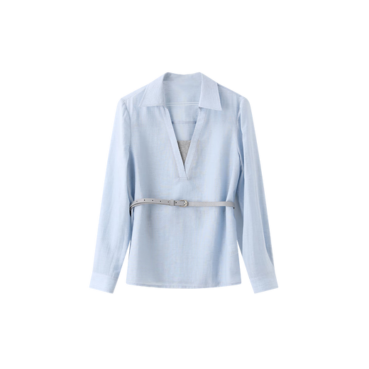 Mohan Yimei Hemp Commuting Shirt 2025 Autumn New Belt to Cinch the Waist for Slimming Splicing Versatile Simple Shirt Blue L