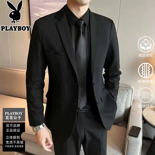 花花公子（PLAYBOY）韩版休闲西装套装男士商务职业正装修身西服男新郎礼服班服 两扣黑色上衣 XL