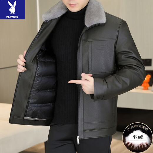 PLAYBOY 2026 New Men's Soft Leather Clothes Autumn and Winter Down Jackets Thickened Leather Jackets Men's Liner Removable Winter Leather Jacket Black Removable Liner 90 Velvet M 170/92A