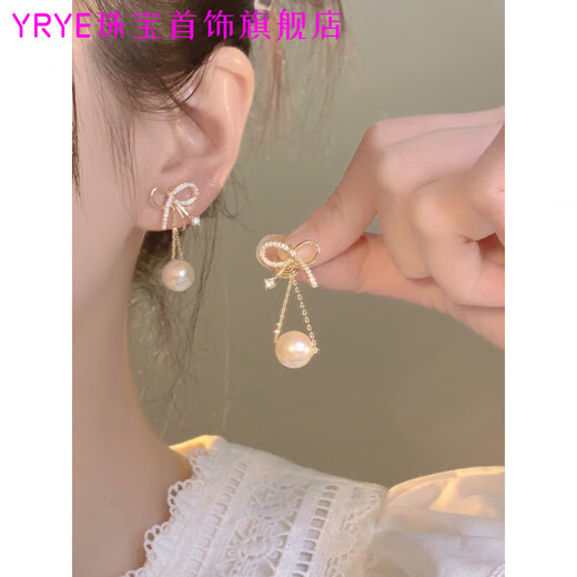 YRYE gold store model 999 sterling silver pure silver bow freshwater pearl earrings new French square round face trendy earrings bow pearl tassel earrings
