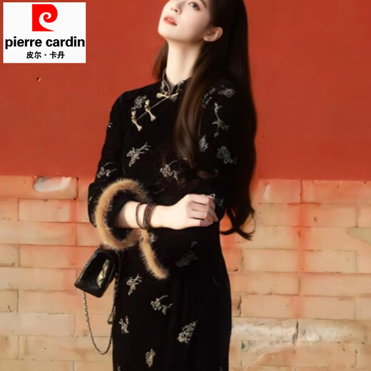 Pierre Cardin (Pierre Cardin) Retro New Chinese Style National Style Black Cheongsam Bronzing Velvet Slim Dress 2025 Autumn and Winter High-end Black M