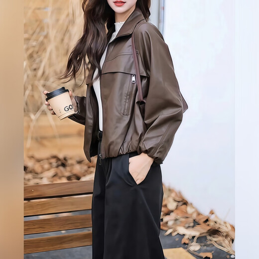 Fabric Story Luofen Flagship Store Women's Clothing 2025 New Style High-end Temperament Casual Versatile Trendy Leather Jacket Autumn Brown Jacket M