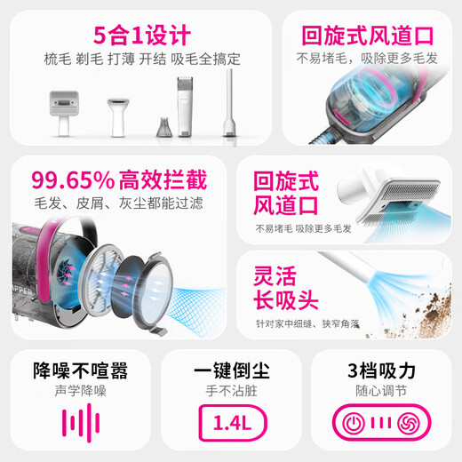 Xiaopei pet hair suction and hair trimmer (5-in-1) electric hair clipper for cats and dogs, household multifunctional shaving and hair suction