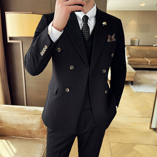 Jason's diagonal striped double-breasted suit for men, business casual formal fit, Korean style groom's wedding suit, three-piece suit, milky white (single suit) 2XL