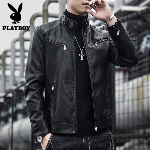 Playboy (PLAYBOY) Stand Collar Leather Coat Men's 2025 Spring and Autumn New Trendy Upper Clothes Men's Velvet Thickened Winter Workwear Jacket 609 Coffee Velvet XL