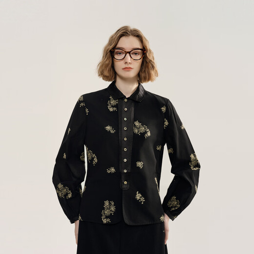 EIN Yan retro style three-dimensional cut-out contrast material splicing lapel literary casual long-sleeved shirt 2025 autumn and winter new style graphite black S