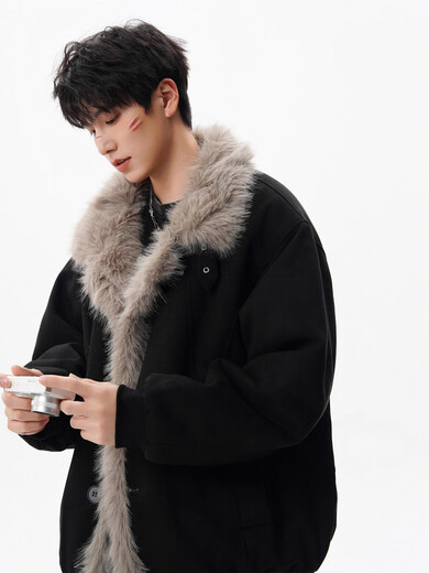 OEMG Korean style mountain-carved cotton jacket for men in autumn and winter, trendy brand, high-end deconstructed plush lapel thickened cotton jacket, black, high quality, 2XL, recommended 135-150Jin Jin is equal to 0.5kg