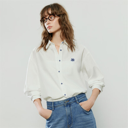 Chuyu European style shirt for women 2025 autumn new cotton loose green velvet embroidered shirt top white M