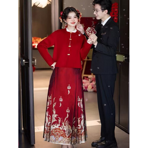 Hengyuanxiang Red Coat Toast Wear New Chinese Style Top Autumn and Winter Small Bride Wedding Double-sided Wool Coat Engagement Top L Large Size