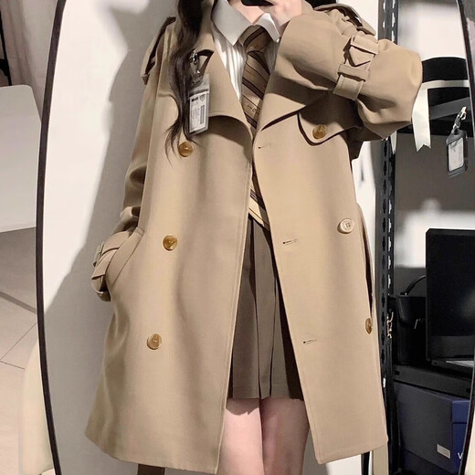 JIOESC Small Windbreaker Women's 2025 Early Autumn New Korean High-Quality British Style Medium Long Short Thin Coat Jacket Khaki Medium L (Suitable for 110-120)