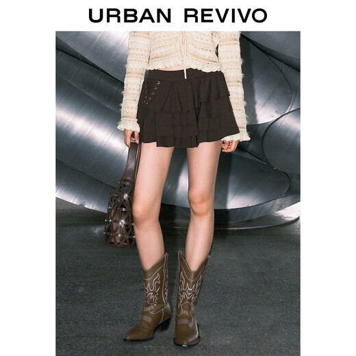
UR2025 autumn new women's ruffle half elastic waist strap cake skirt A-line skirt UYV550071 dark brown (short with lining) S