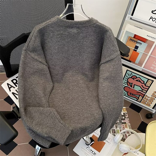 Autumn and winter American Henry collar sweater men's sweater American retro casual lazy style sweater men's solid color sweater light gray L