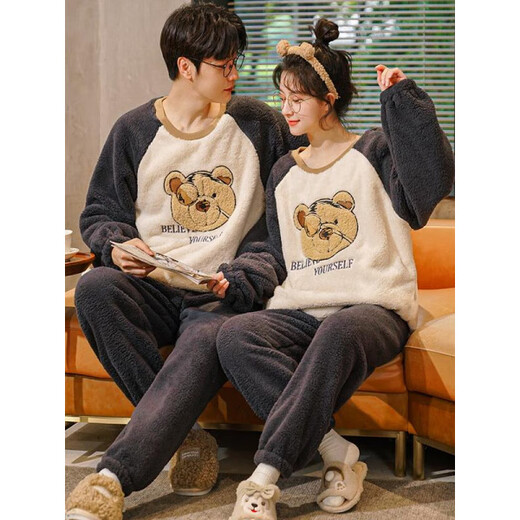 Langsha Autumn and Winter Coral Velvet Pajamas Couple Style Sweet Cartoon Plus Velvet Thickened Winter Men and Women Warm Flannel Suit Coral Velvet Round Neck Suit-HMF7908 2XL Male Recommended 150-170 Jin Jin equals 0.5 kg