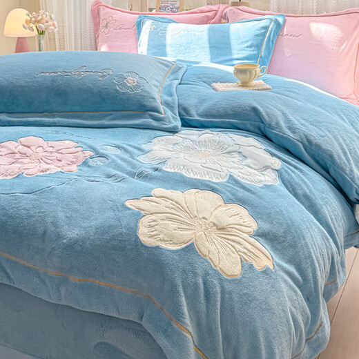 Mercury series home textiles 2025 new solid color embroidered floral milk velvet four-piece set for winter warmth plus velvet double-sided thickening Daisy-baby blue bed sheet style 1.5m four-piece set