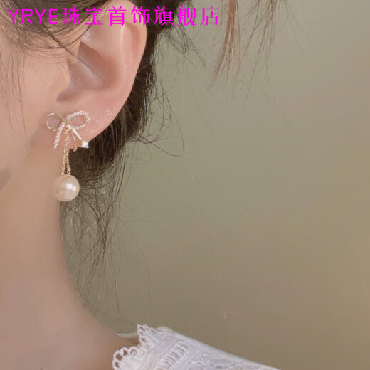 YRYE gold store model 999 sterling silver pure silver bow freshwater pearl earrings new French square round face trendy earrings bow pearl tassel earrings