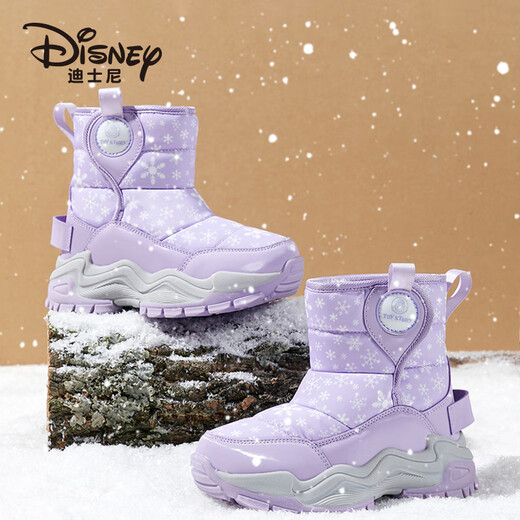 Disney Children's Cotton Shoes Winter Velvet Thickened Snow Boots Outdoor Cold-proof Mid-calf Large Cotton Shoes Purple 33