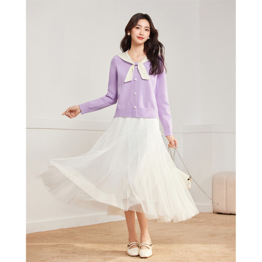IEF/Aiyifu 2025 Autumn and Winter New French Gentle Feminine Commuting Versatile Woolen Top Purple One Size