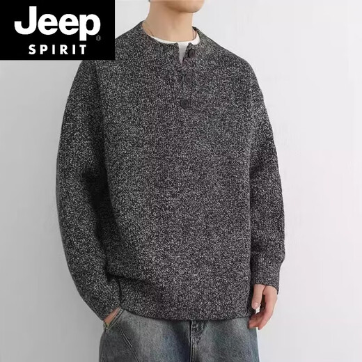 JEEP SPIRIT 2025 new sweater gray American retro Henry collar sweater men's winter lazy style knitted sweater cl light gray M