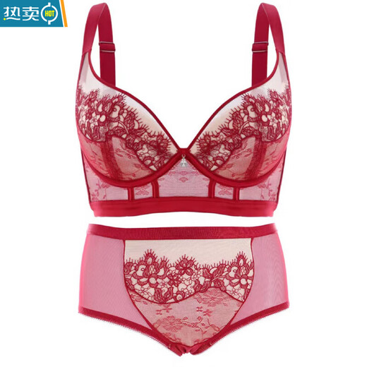 Ancient and modern (GUJIN) red underwear in the year of birth, thin big breasts, small push-up bra, anti-sagging, side breasts, body shaping bra set, wine red/suit, M 34/75C, thin cup about 0.3C