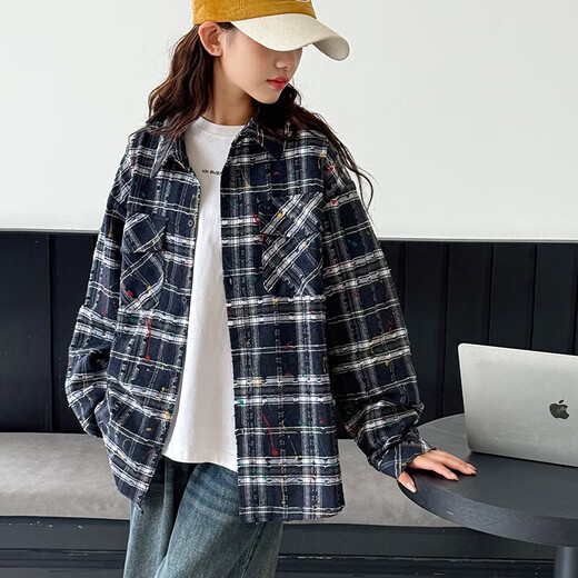 BJT Girls' Shirt 2025 Autumn New Children's Retro American-style Splash Jacket Big Children's Spring and Autumn Fashionable Top Navy Blue 160 cm