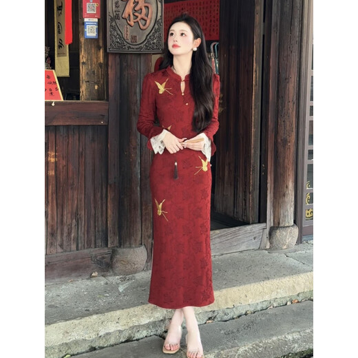 Spring Man 2025 red new Chinese style butterfly embroidered cheongsam long sleeve dark pattern jacquard red long skirt dress red cheongsam L