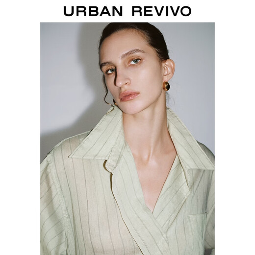 UR2026 Spring New Women's Lazy Casual Style Striped Long-Sleeved Cardigan Shirt UWM250114 Khaki Green Striped (Fabric Slightly Transparent) S