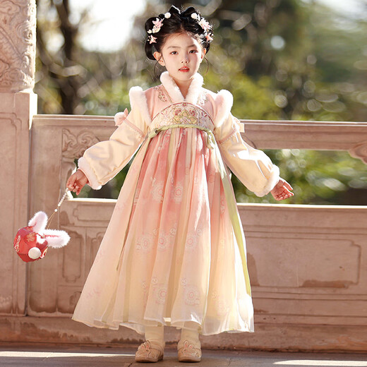 Anneyol (Anneyol) Hanfu girls winter antique style velvet dress children autumn and winter New Year's greetings Tang suit skirt pink 120