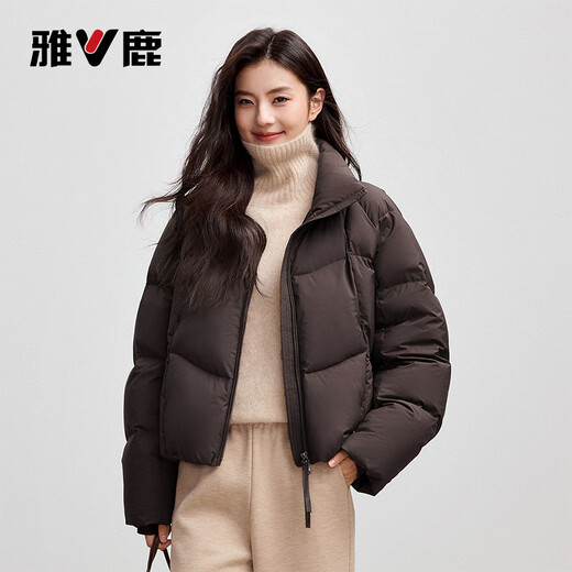 Yalu Song Yi's same style puff down jacket for women 2025 winter new style thickened stand-up collar warm bread coat short jacket dark brown M