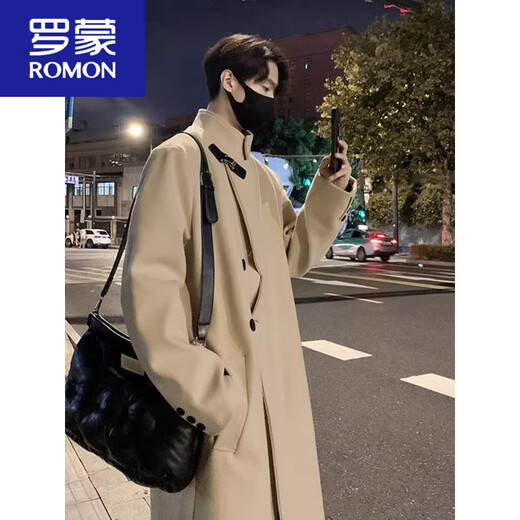 罗蒙（ROMON）中长款毛呢大衣男款冬季英伦风过膝风衣飞机扣感韩系呢子外套 米白色 升级*款 90%的买家选择 M 90-120斤