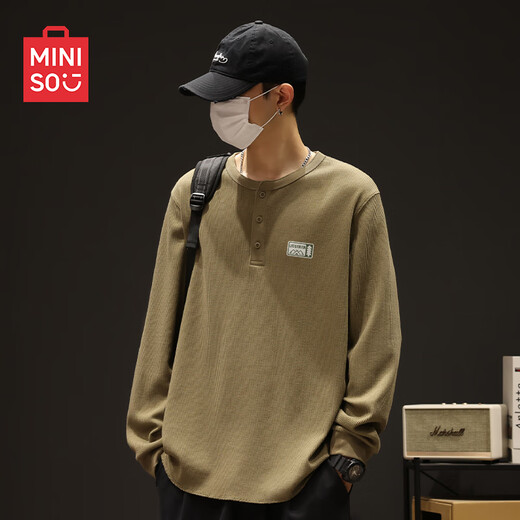 Miniso Waffle Henry Neck T-shirt Men's Long Sleeve Bottoming Top Autumn Youth Mountain T-shirt Z Green 3XL