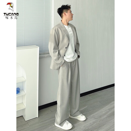 Woodpecker (TUCANO) double-breasted suit suit men's spring and autumn Korean style handsome casual suit loose jacket trend apricot gray suit L recommended 135-155 Jin Jin equals about 0.5 kg