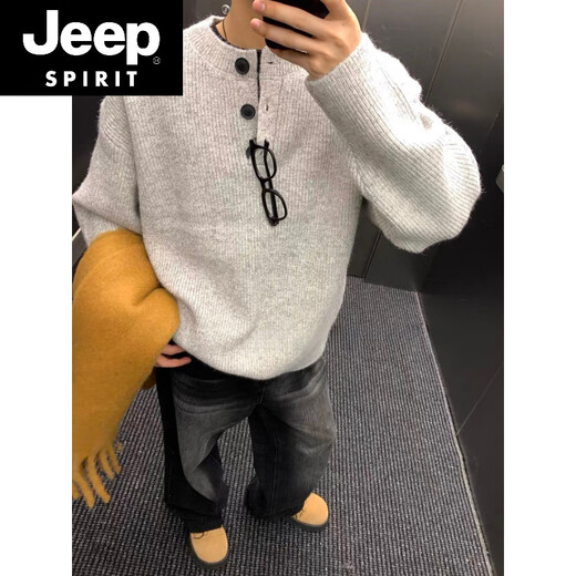 JEEP SPIRIT 2025 new sweater gray American retro Henry collar sweater men's winter lazy style knitted sweater cl light gray M