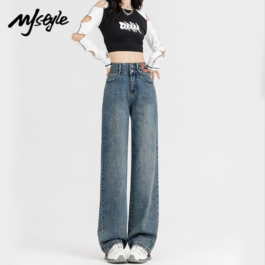 MJ STYLE Jeans Women's 2025 Autumn and Winter New High Waisted Wide Leg Pants Narrow Version Slim Versatile Women's Pants Retro Blue M