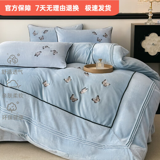 Mercury series 180 count winter thickened double-sided milk velvet four-piece set embroidered warm anti-static quilt cover sheets are light and luxurious. Keluli-blue anti-static + lint-free + thickened 1.8m fitted sheet quilt cover plus four-piece set anti-static + lint-free + thickened