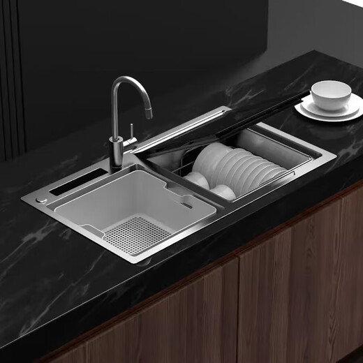 Dishwasher for 8-10 people, large capacity, double spray, small household smart fully automatic desktop embedded hot air drying, active oxygen sterilization and disinfection 9050 right machine and left sink with ultrasonic