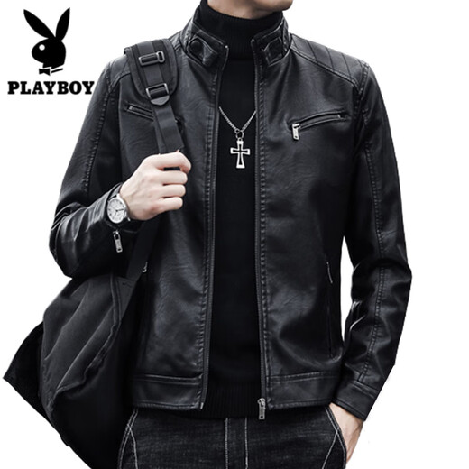 Playboy (PLAYBOY) Stand Collar Leather Coat Men's 2025 Spring and Autumn New Trendy Upper Clothes Men's Velvet Thickened Winter Workwear Jacket 609 Coffee Velvet XL