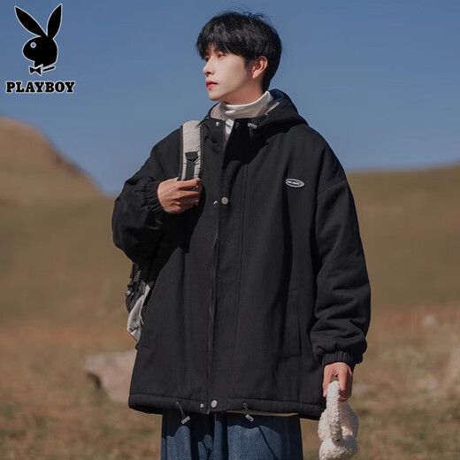 Playboy Lambswool Jacket Men's Spring and Autumn New Charge Jacket Cotton Coat Men's Thickened Coldproof Cotton Clothes Large Cotton Jacket Graphite Black XL Size Weight 110-140Jin Jin is equal to 0.5 kg