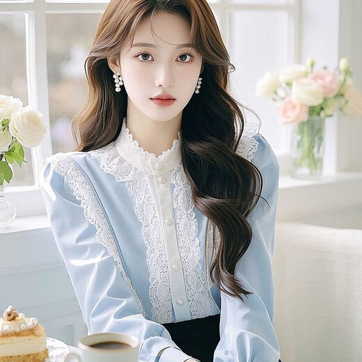 Luo Meng 2025 new high-end temperament blue palace lace stand-up collar shirt women's spring niche unique tops sky blue L 106-120Jin Jin equals 0.5 kg