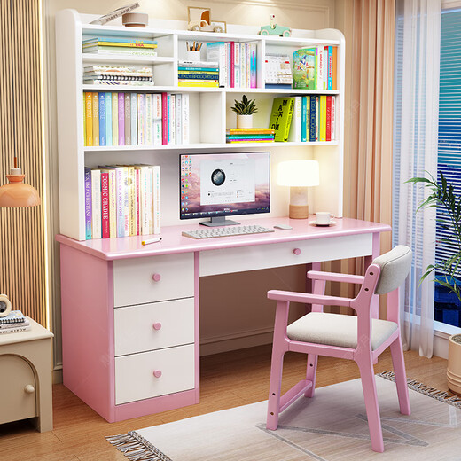 Huixun computer desk all solid wood desk and bookcase integrated student home writing simple desk bedroom children's study table walnut color #desk + bookshelf 100cm*60cm*75cm total height 185cm