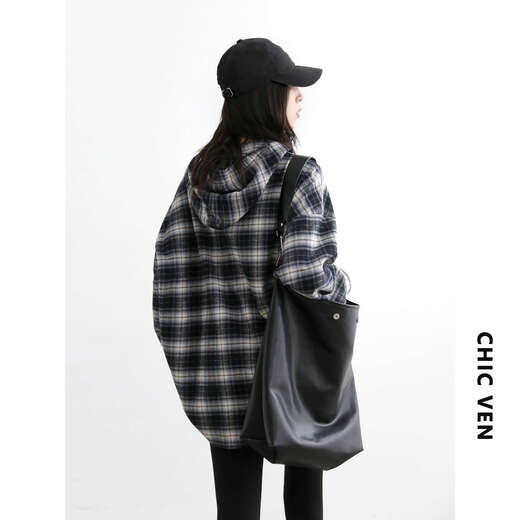 CHIC VEN 2025 Autumn and Winter Cotton Brushed Feel Versatile Hooded Plaid Shirt Lazy Feeling Long Sleeve Shirt Women chicven navy plaid S (43-58kg)