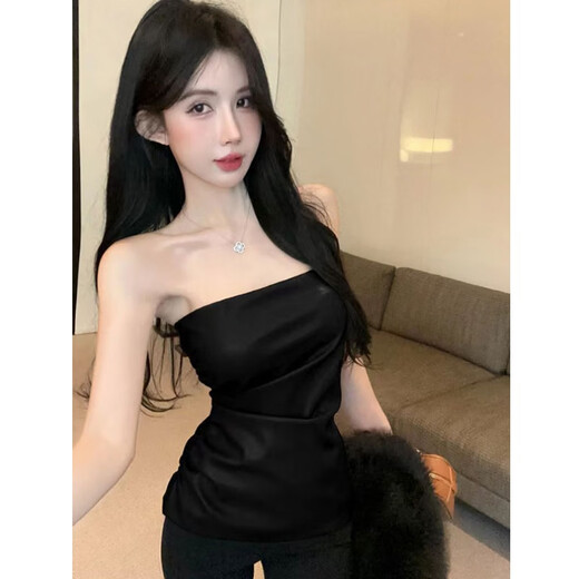 Xin Youjie 2025 Waist Slimming Pu Leather Tube Bra for Women Autumn and Winter Pleated Design 2026 Brown S