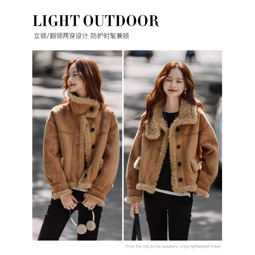 Shangjing Fashion Retro Contrast Color Lapel Short Jacket Women's 2025 Winter New Big Fur Collar Casual Thickened Warm Short Jacket Khaki L