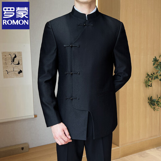 ROMON Chinese Style Stand Collar Suit Men's Suit Business Casual Versatile Fashion Banquet Button Dress Groom Wedding Suit Black (Single-piece Suit) XL (125-140Jin Jin equals 0.5kg)