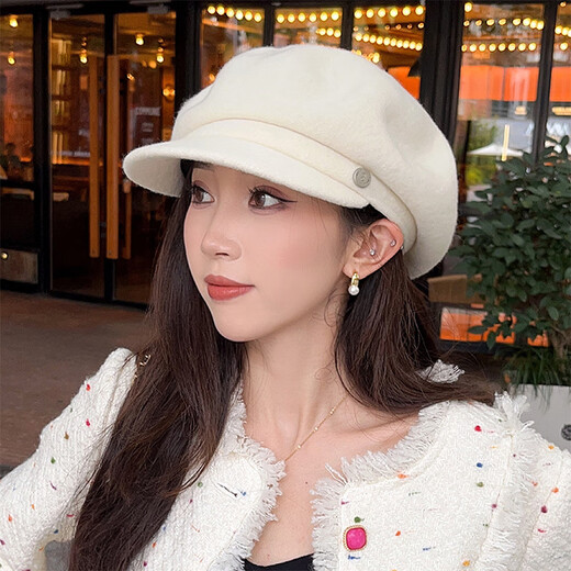 Dorain woolen octagonal hat women's autumn hat Japanese style literary retro face-showing beret painter hat off-white